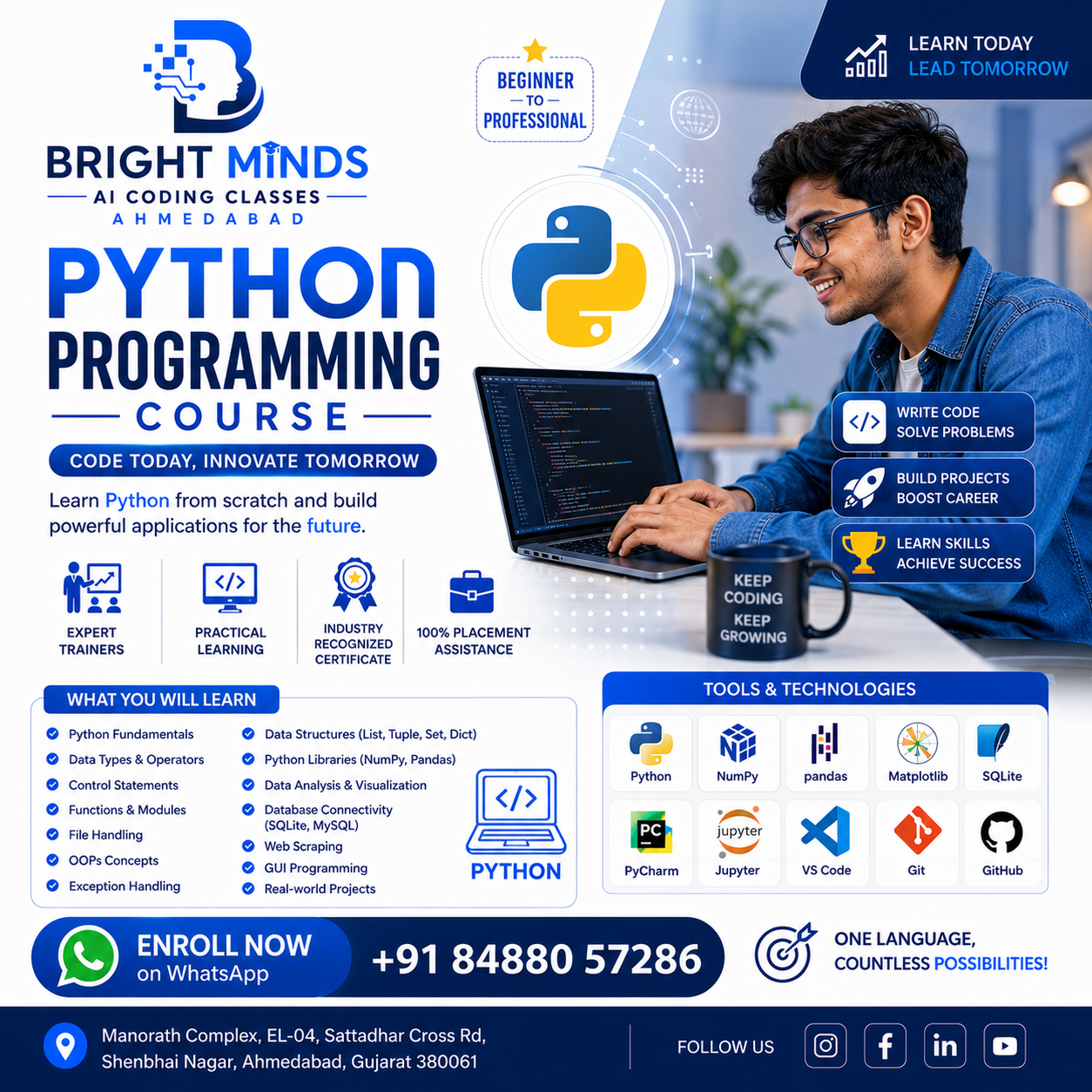 Bright Minds Python Programming Course poster Ahmedabad